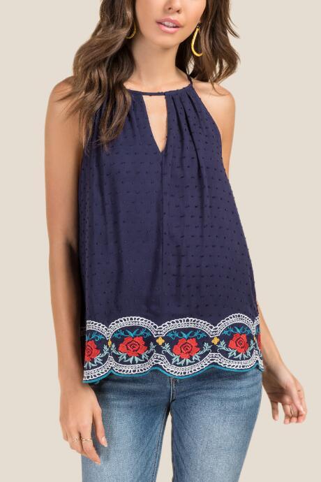 Francesca Inchess Robin Scallop Floral Swiss Dot Tank Top - Navy