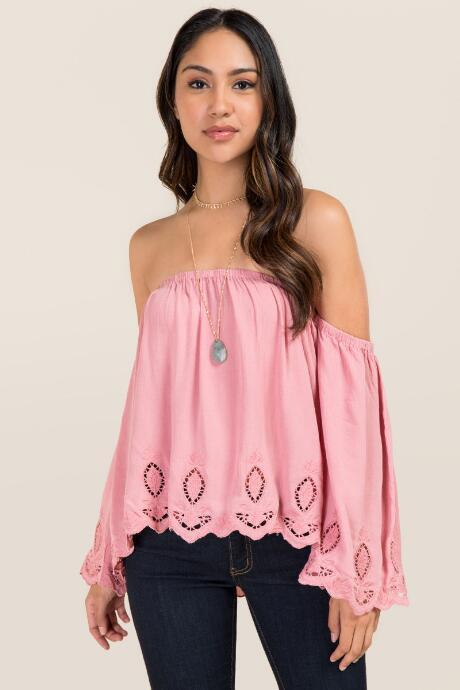 Lush Embroidered Hem Detached Off The Shoulder Top - Rose