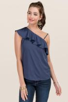 Blue Rain Brynnlee One Shoulder Hammered Satin Top - Navy