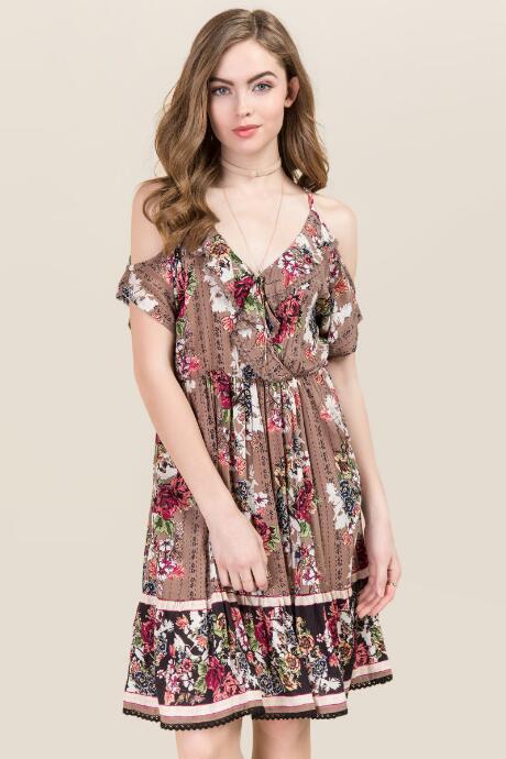 Francesca's Elizabeth Cold Shoulder Floral Dress - Taupe