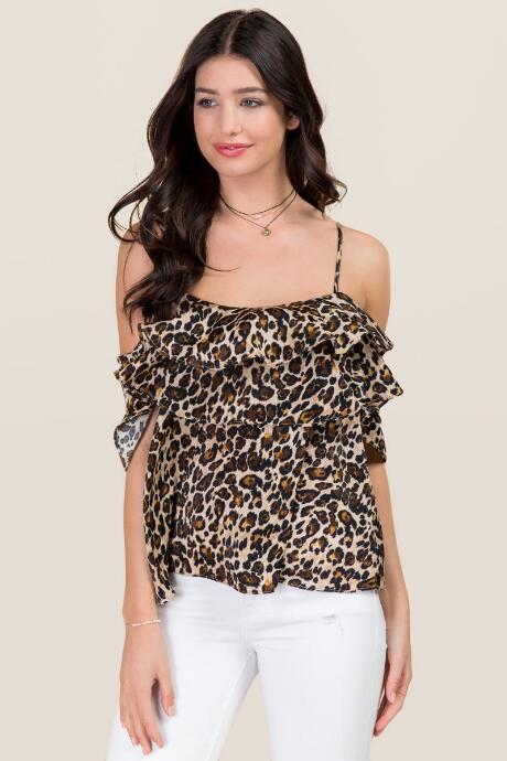 Blue Rain Aliyah Leopard Cold Shoulder Ruffle Tank - Leopard