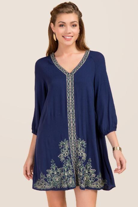 Mi Ami Lauren V Neck Embroidered Knit Dress - Navy