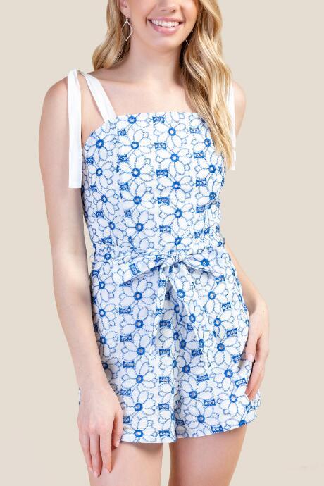 Francesca's Gabriella Floral Eyelet Romper - Blue