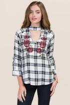 Francesca's Cadence Plaid Embroidered Gigi Blouse - Black/white