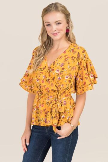 Secret Charm Llc Joelle Double Ruffle Floral Wrap Blouse - Marigold