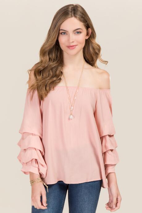 Blue Rain Brynn Lantern Sleeve Off The Shoulder Top - Blush