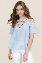 Blue Rain Poppy Gigi Cold Shoulder Embroidered Top - Oxford Blue