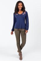 Francesca's Geena Embroidered Shoulder Top - Navy