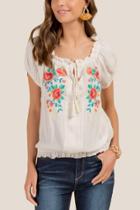Francesca Inchess Murphy Embroidered Peasant Smocked Blouse - Ivory