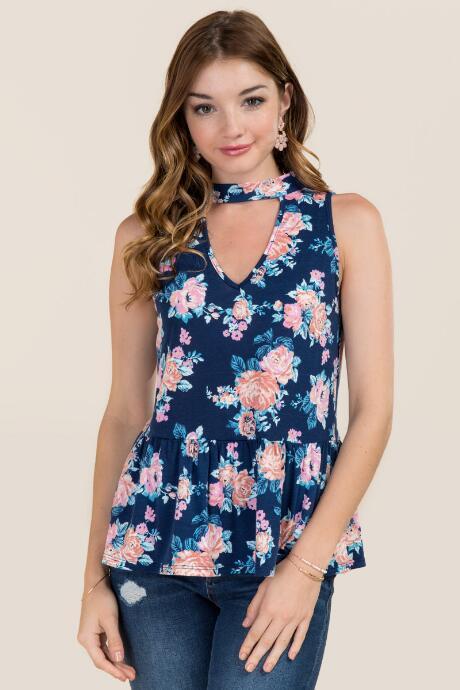 Blue Rain Clover Gigi Floral Drop Waist Peplum Tank - Navy