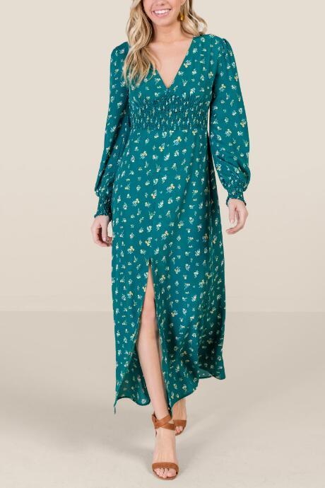 Francesca's Stephanie Smocked Waist Maxi Dress - Forest