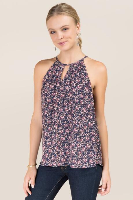 Teenplo Clothing, Inc Spencer High Neck Key Hole Floral Print Tank - Navy