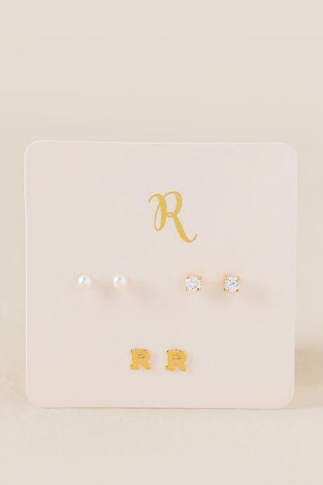 Francesca's R Initial Cubic Zirconia Pearl Stud Earring Set - Gold