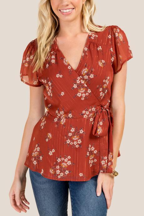 Francesca's Junie Floral Wrap Blouse - Cinnamon
