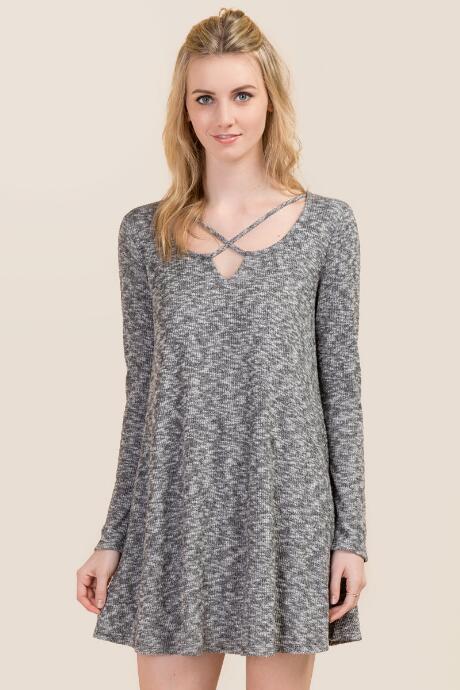 Ayla Holly X Neck Brushed Hacci Dress - Charcoal