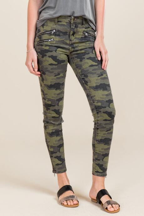 Harper Camo Moto Zipper Skinny Jeans - Dark Olive