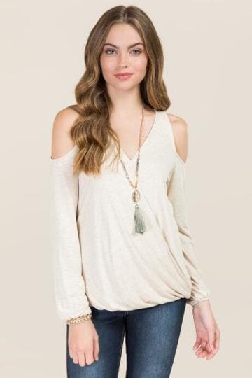 Jolie Clothing, Inc. Joleen Long Sleeve Surplus Cold Shoulder Top - Heather Oat