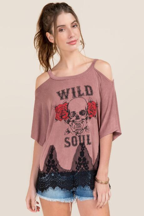 Alya Wild Soul Cold Shoulder Lace Hem Graphic Tee - Mauve