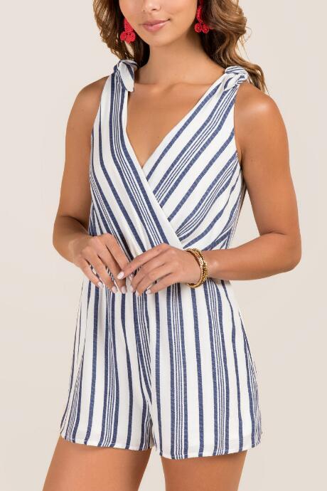 Francesca's Fiona Tie Shoulder Surplus Striped Romper - Oxford Blue
