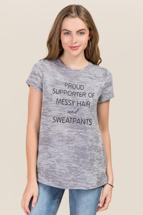 Sweet Claire Proud Supporter Of Messy Hair And Sweatpants Graphic Tee - Heather Gray