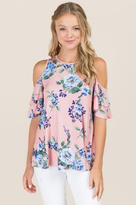 Ayla Zia Floral Double Ruffle Cold Shoulder Knit Top - Rose