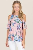 Ayla Zia Floral Double Ruffle Cold Shoulder Knit Top - Rose