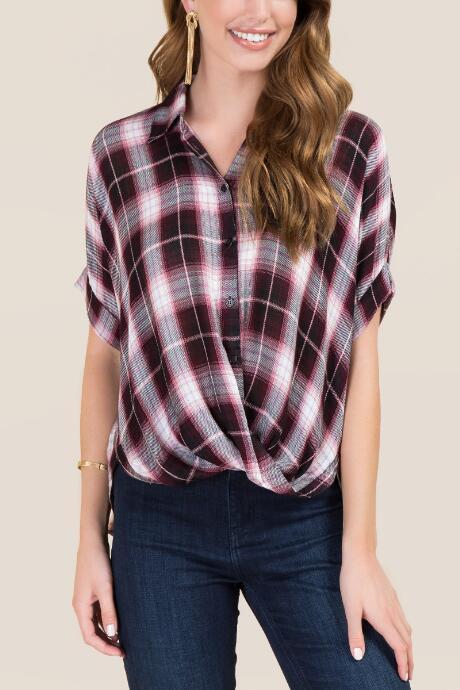 Francesca's Teah Short Sleeve Surplus Button Down - Burgundy