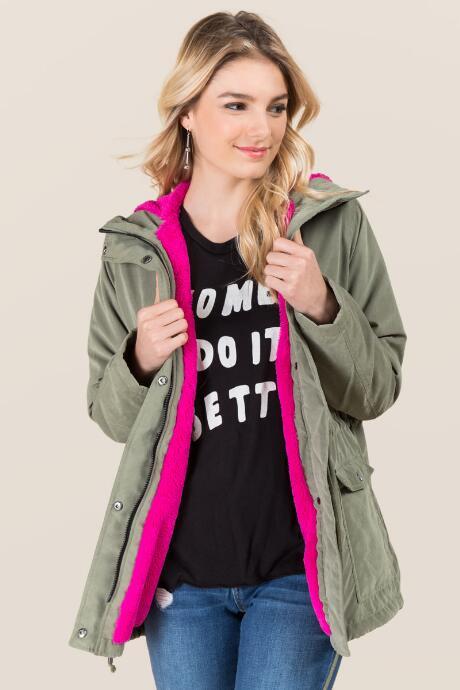 Francesca's Zabel Faux Fur Lined Anorak - Olive