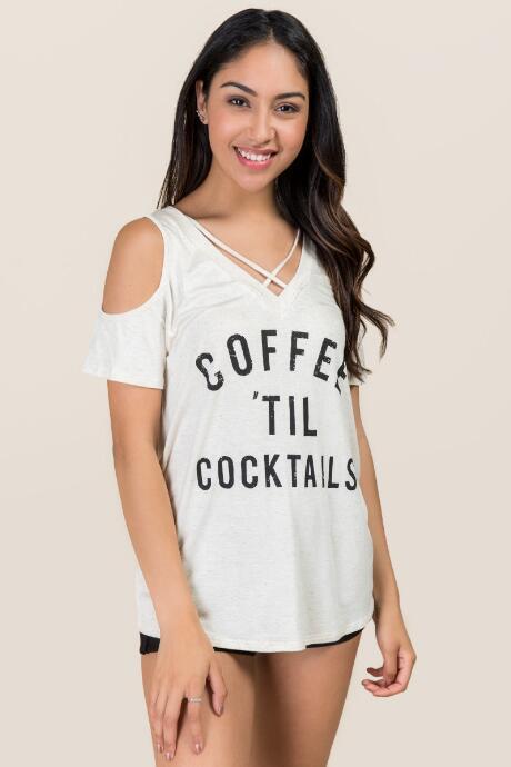Alya Coffee 'til Cocktails Cold Shoulder Graphic Tee - Heather Oat