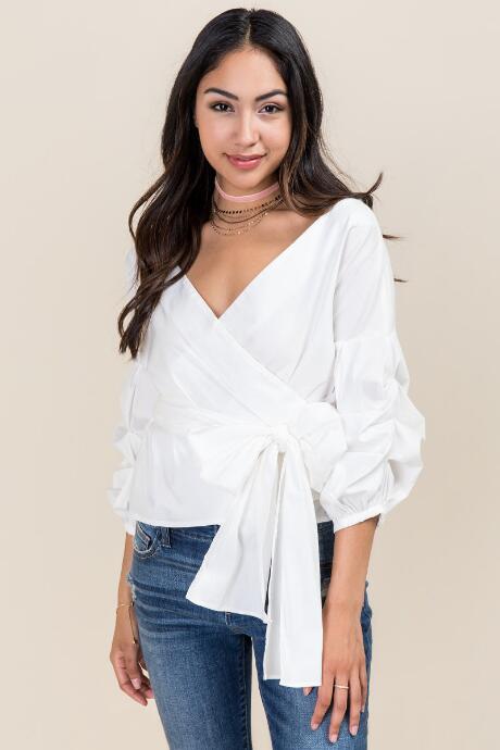 Francesca's Sophia Cinch Sleeve Wrap Top - White
