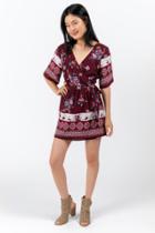 Francesca's Reanne Medallion Kimono Sleeve Romper - Burgundy