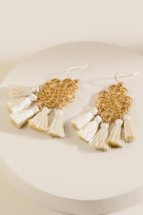 Francesca's Kat Filigree Tassel Drop Earrings - Ivory