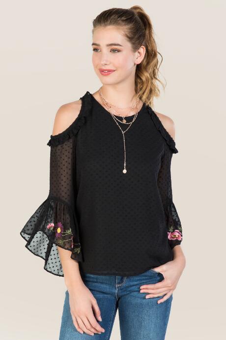 Francesca's Britt Embroidered Salsa Sleeve Top - Black