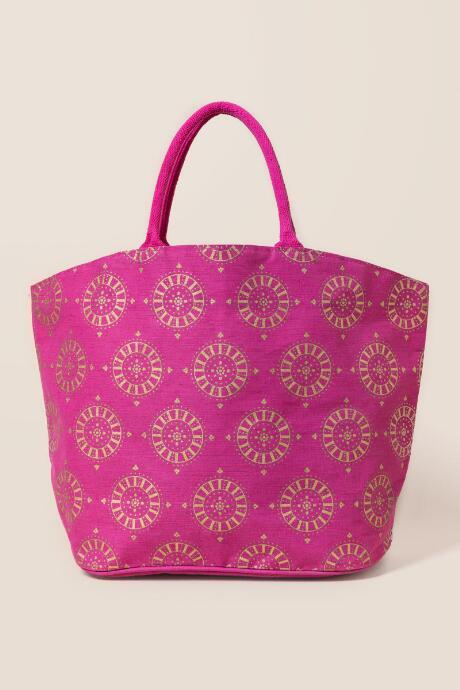 Francesca's Reece Gold Festive Print Beach Tote - Pink