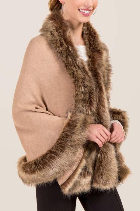 Francesca's Amaya Fur Trim Ruana - Camel