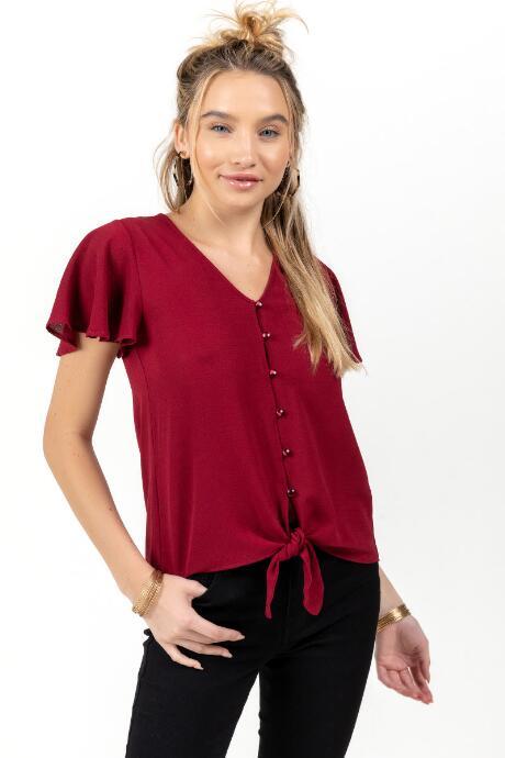 Francesca's Toni Button Front Tie Blouse - Burgundy
