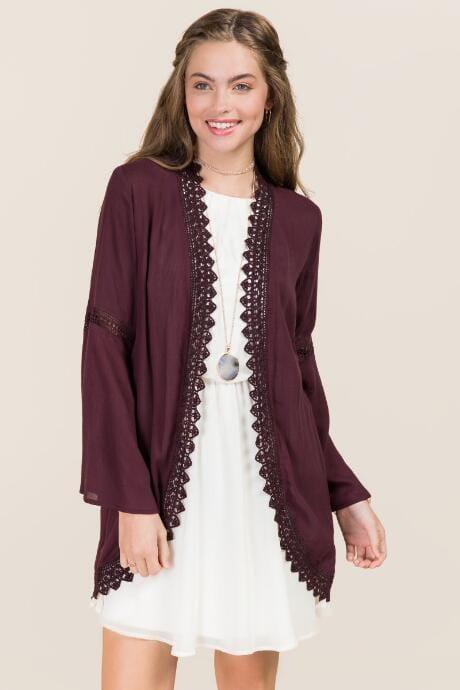 Blue Rain Brio Bell Sleeve Crochet Kimono - Purple