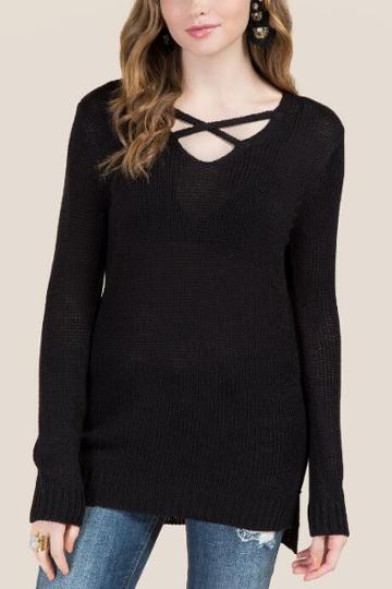 Francesca's Charlie Step Hem Lattice Sweater - Black