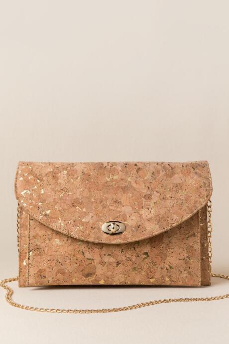 Francesca's Priscilla Golden Cork Crossbody Clutch - Tan