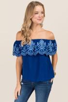 Blue Rain Leyla Embroidered Ruffle Off The Shoulder Top - Navy