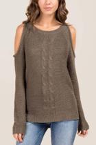 Blue Rain Arya Cold Shoulder Cable Pullover Sweater - Dark Olive