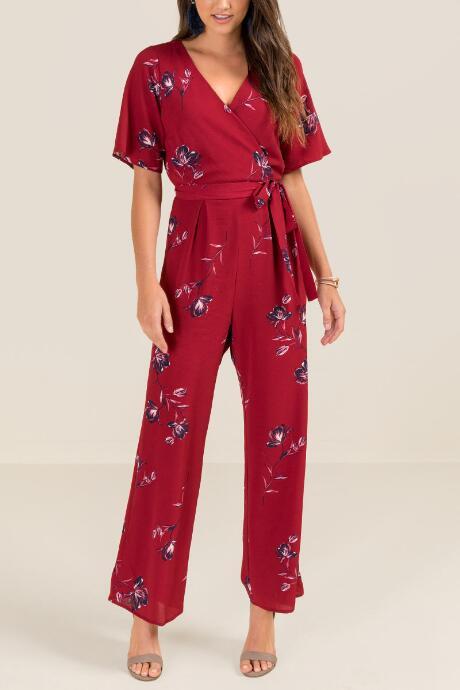 Francesca's Shirley Floral Jumpsuit - Burgundy