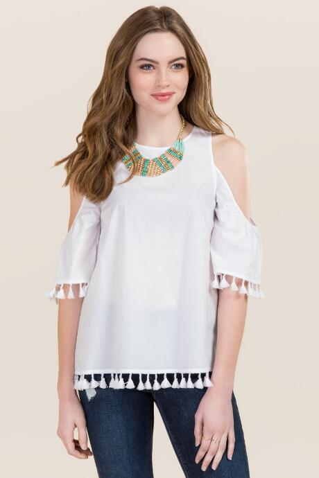 Blue Rain Fawn Poplin Cold Shoulder Tassel Top - White