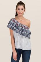 Blue Rain Merissa One Shoulder Mixed Print Floral Top - Wine