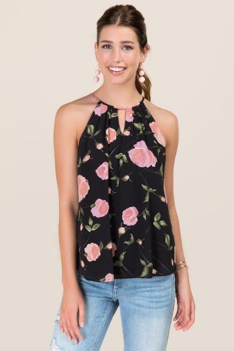 Blue Rain Layla High Neck Floral Tank - Black