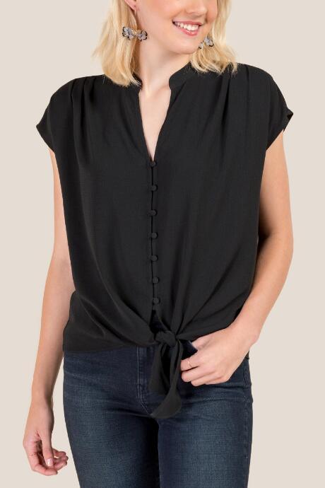 Francesca's Lena Button Down Front Tie Top - Black