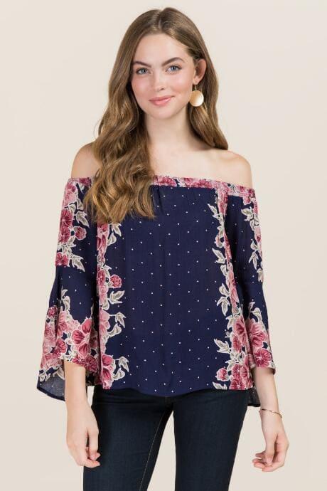 Blue Rain Adelynn Salsa Sleeve Floral Off The Shoulder Top - Navy