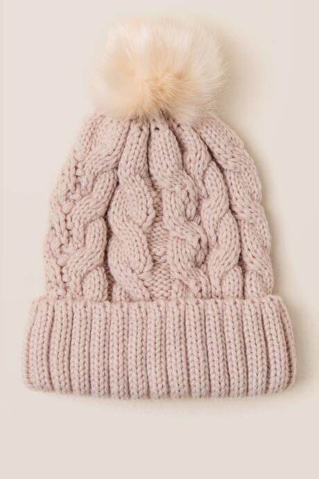 Francesca's Martha Cable Knit Pom Beanie - Natural