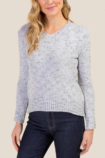 Francesca's Ellie Chenille V Neck Sweater - Heather Gray