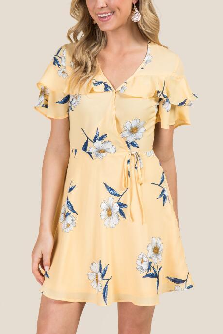 Francesca's Scout Floral Ruffle Top Wrap Dress - Lemonade